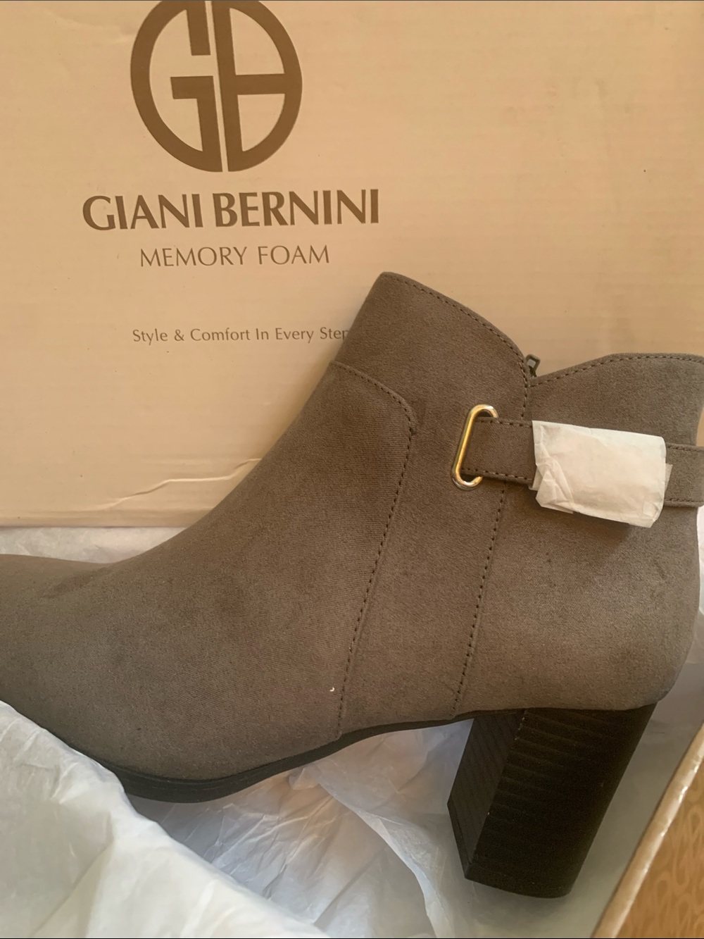 Giani Bernini Grey  Suede Block Heel Ankle Boots with Gold Buckle - Picture 1 of 2